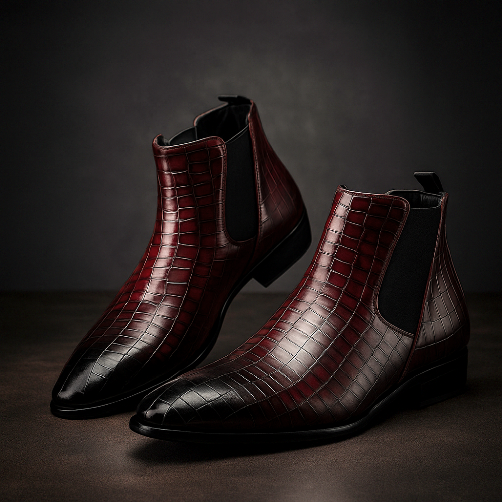 Raymond | Chelsea Boots Homme Effet Cuir Embossé Façon Croco - Bordeaux