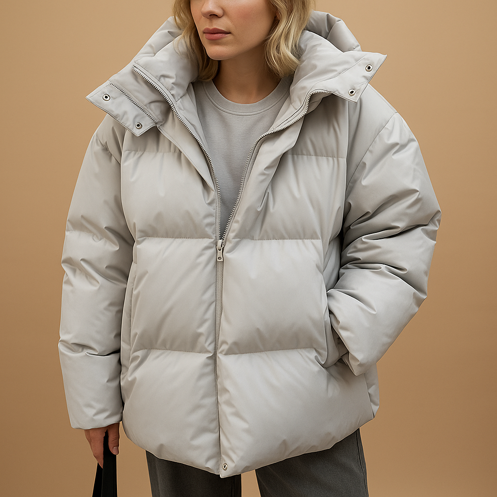 Salomé | Doudoune Oversize Femme Déperlante à Capuche et Col Montant - Gris clair