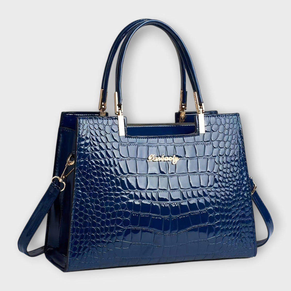 Séverine | Sac à Main Femme Effet Croco Verni à Double Anse - Bleu