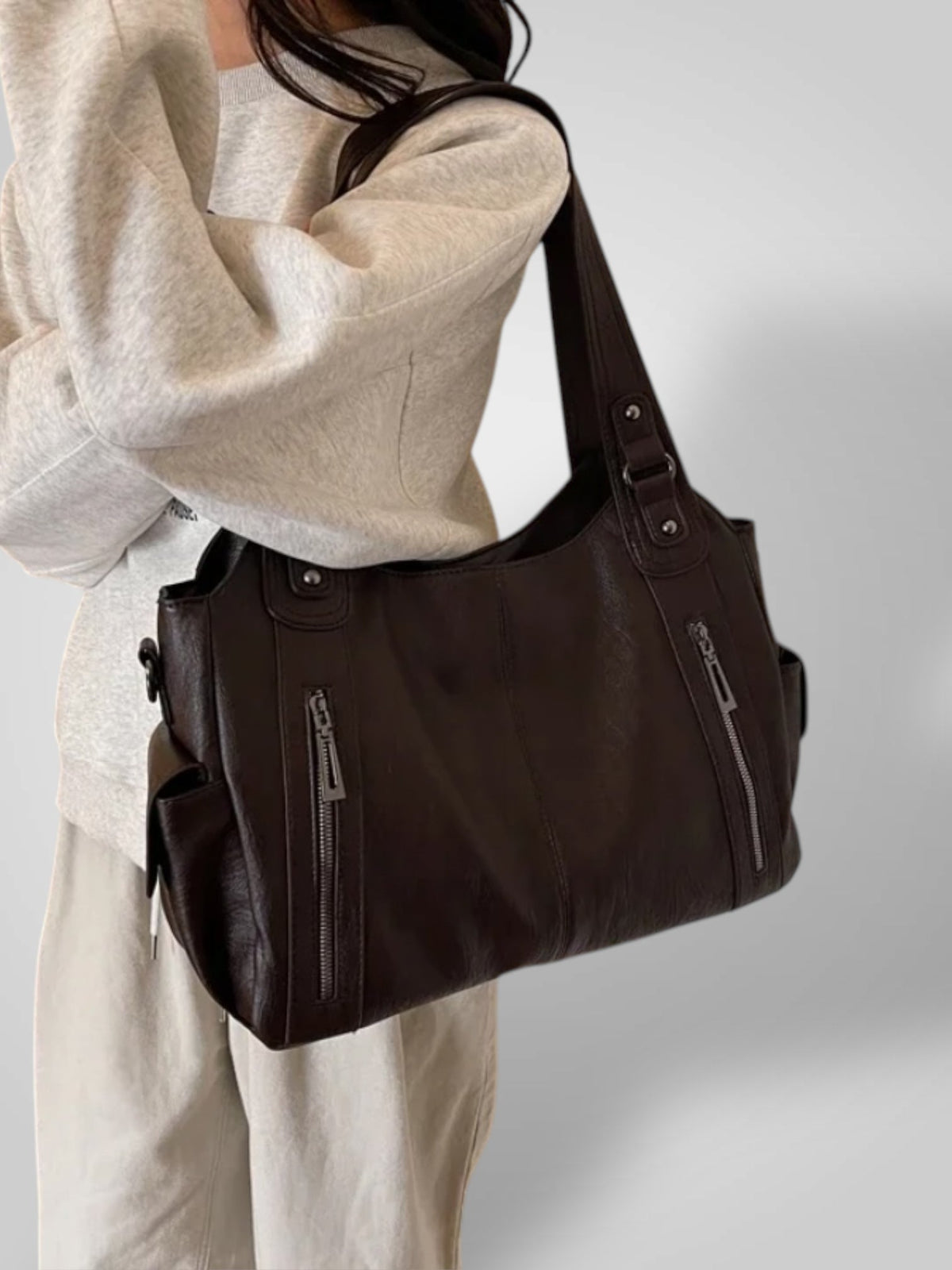 Sidonie | Grand Sac Cabas Femme Effet Cuir à Poches Zippées - Marron foncé