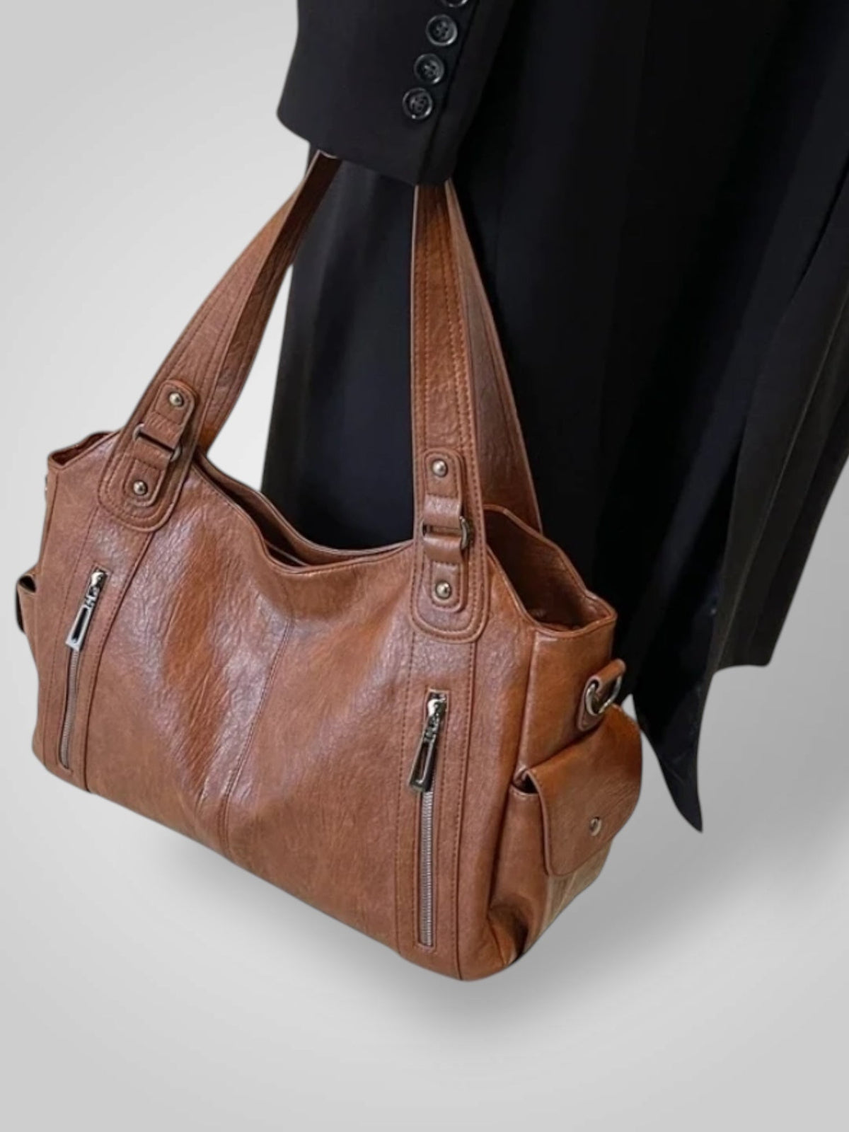 Sidonie | Grand Sac Cabas Femme Effet Cuir à Poches Zippées - Cognac