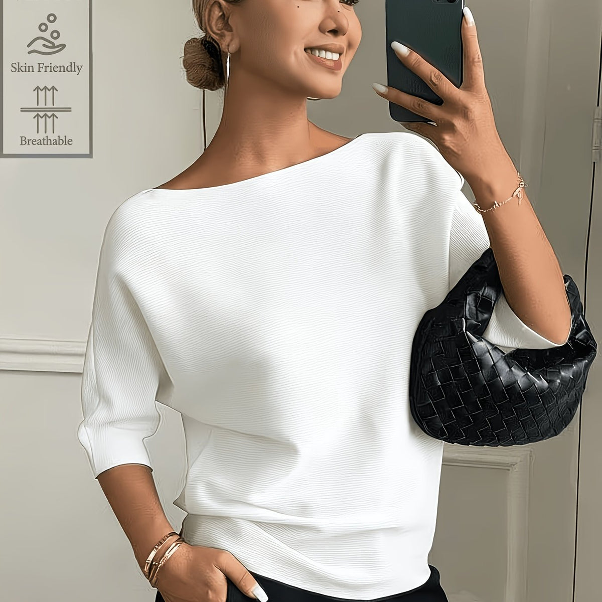Solène | Pull Femme Col Bateau en Maille Douce à Manches Chauve-Souris - Blanc