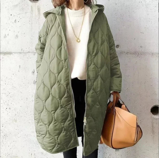 Sylvie | Manteau Long Matelassé Femme à Capuche, Coupe Ample - Vert sauge