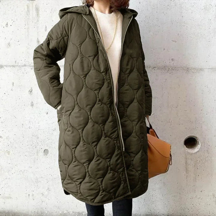 Sylvie | Manteau Long Matelassé Femme à Capuche, Coupe Ample - Vert kaki
