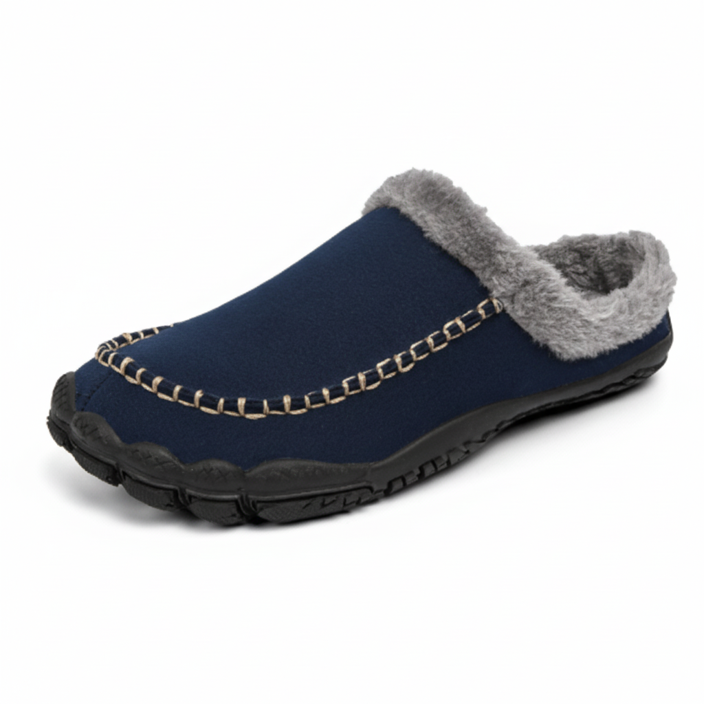 Valentin | Chaussons Mules Homme Fourrés à Surpiqûres, Aspect Suédine - Bleu marine
