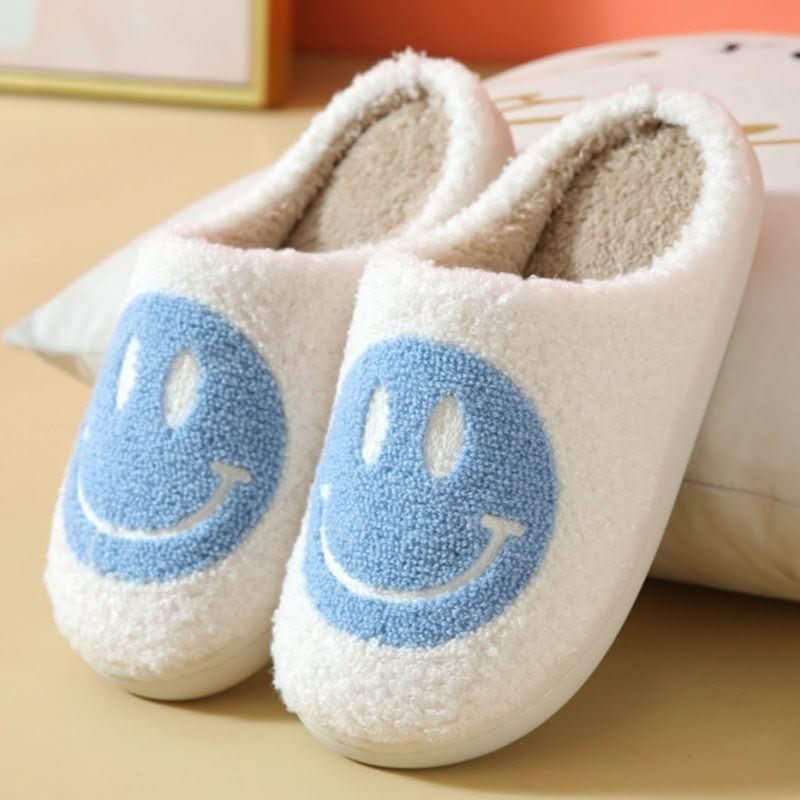 Véronique | Chaussons Femme Doublure Sherpa à Visage Souriant Brodé et Semelle Épaisse - Écru et bleu