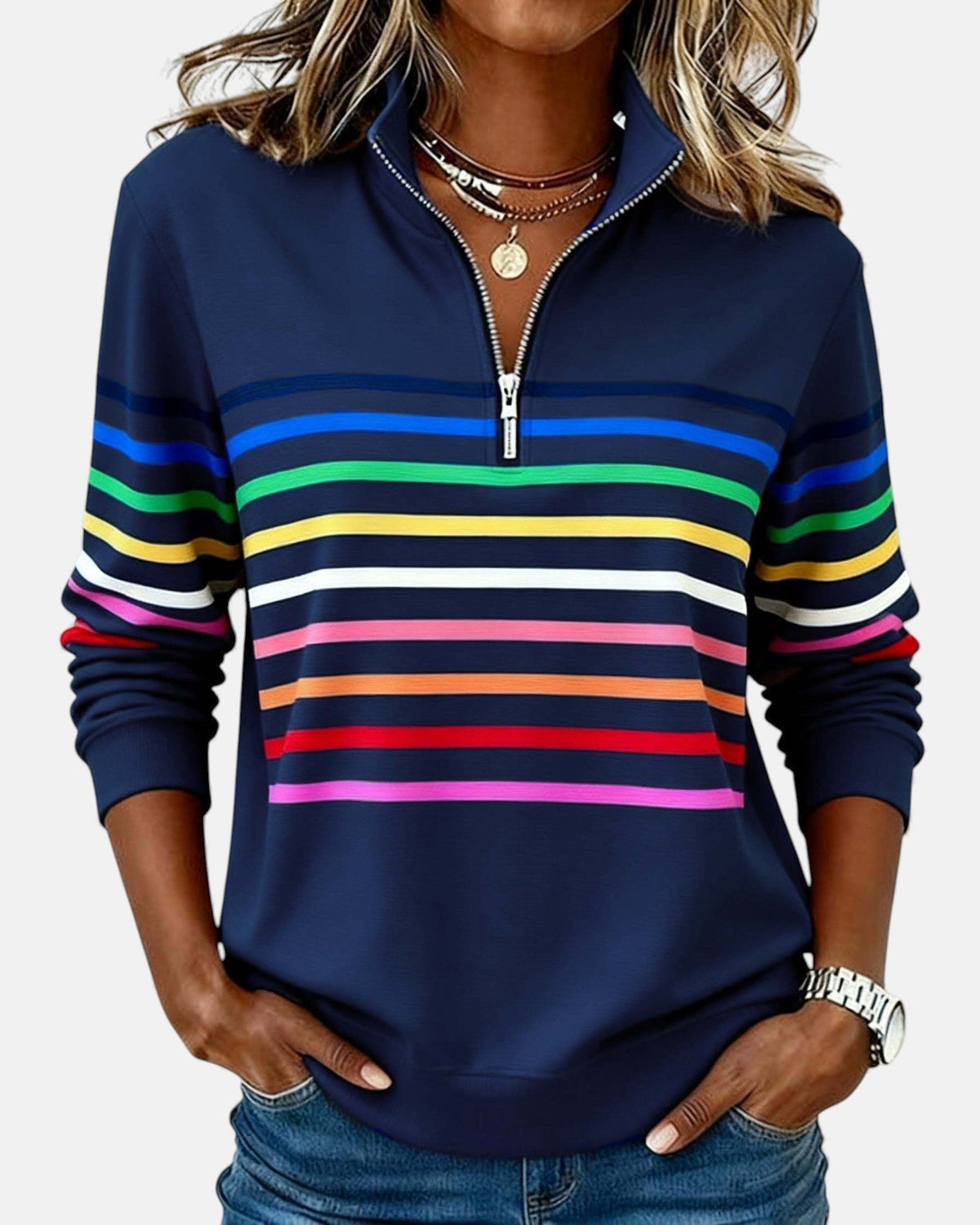 Ines Paris | Sweat-Shirt Femme Rayé Demi-Zip Coupe Ample