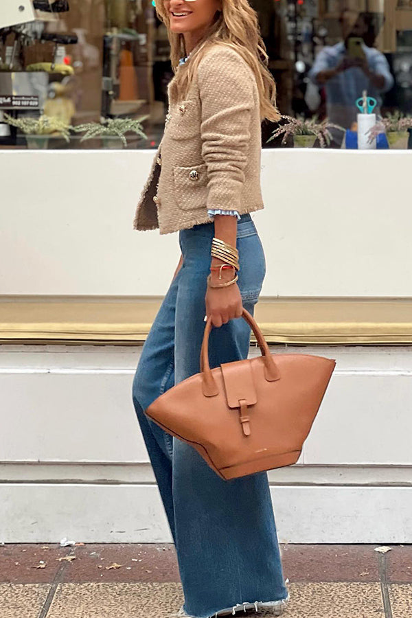 Yolande | Veste Courte Femme Effet Tweed à Col Rond et Boutons Dorés - vue 2