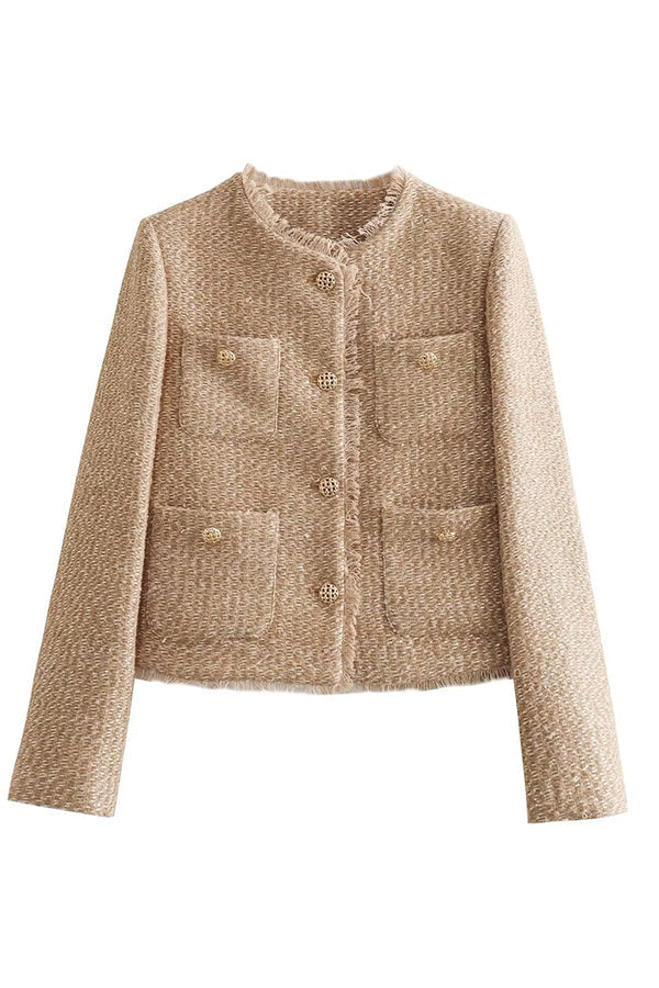 Yolande | Veste Courte Femme Effet Tweed à Col Rond et Boutons Dorés - vue 4