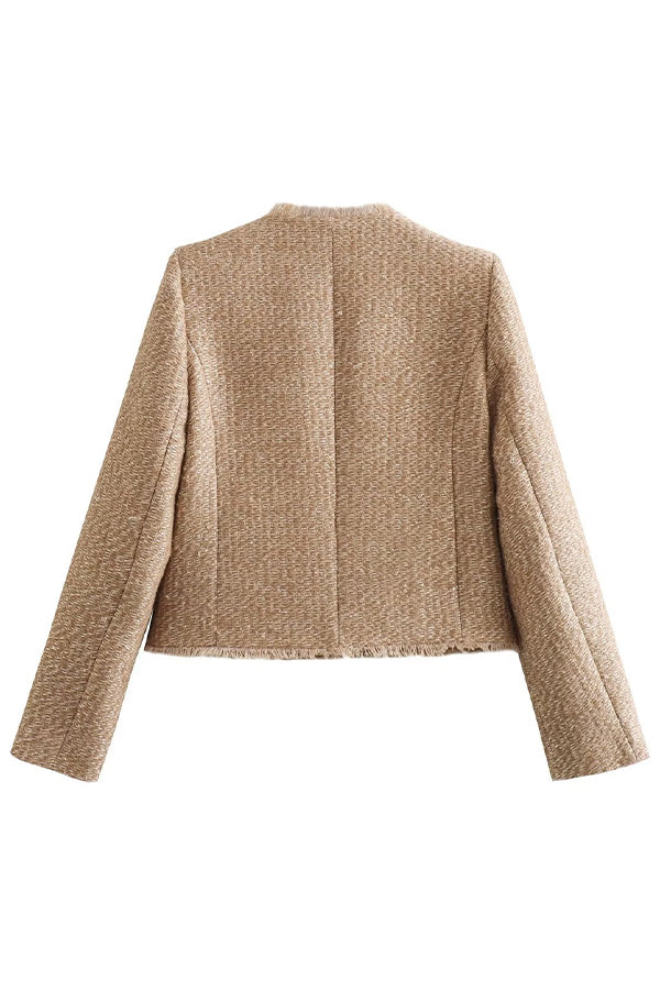 Yolande | Veste Courte Femme Effet Tweed à Col Rond et Boutons Dorés - vue 5