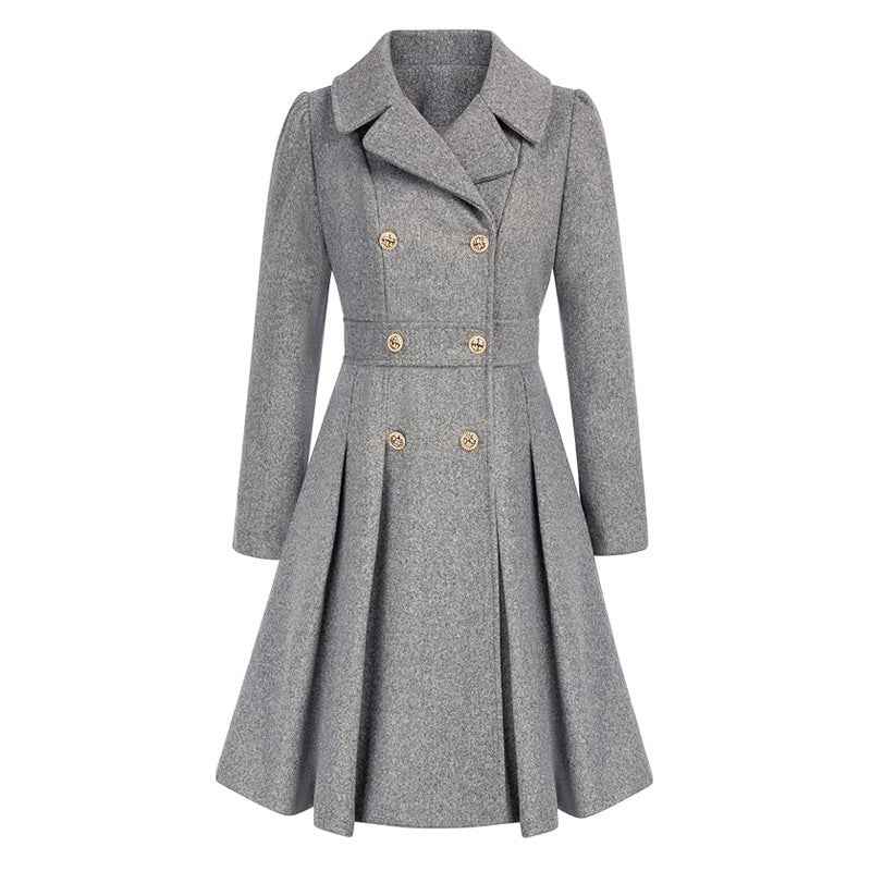 Zélie | Manteau Croisé Femme Cintré et Évasé à Plis, Toucher Laine - Gris