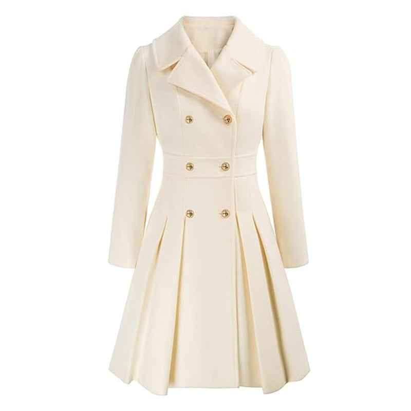 Zélie | Manteau Croisé Femme Cintré et Évasé à Plis, Toucher Laine - Écru