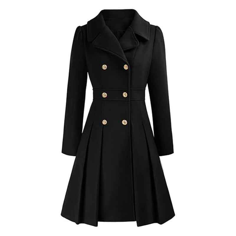Zélie | Manteau Croisé Femme Cintré et Évasé à Plis, Toucher Laine - Noir