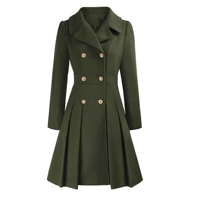 Zélie | Manteau Croisé Femme Cintré et Évasé à Plis, Toucher Laine - Vert olive