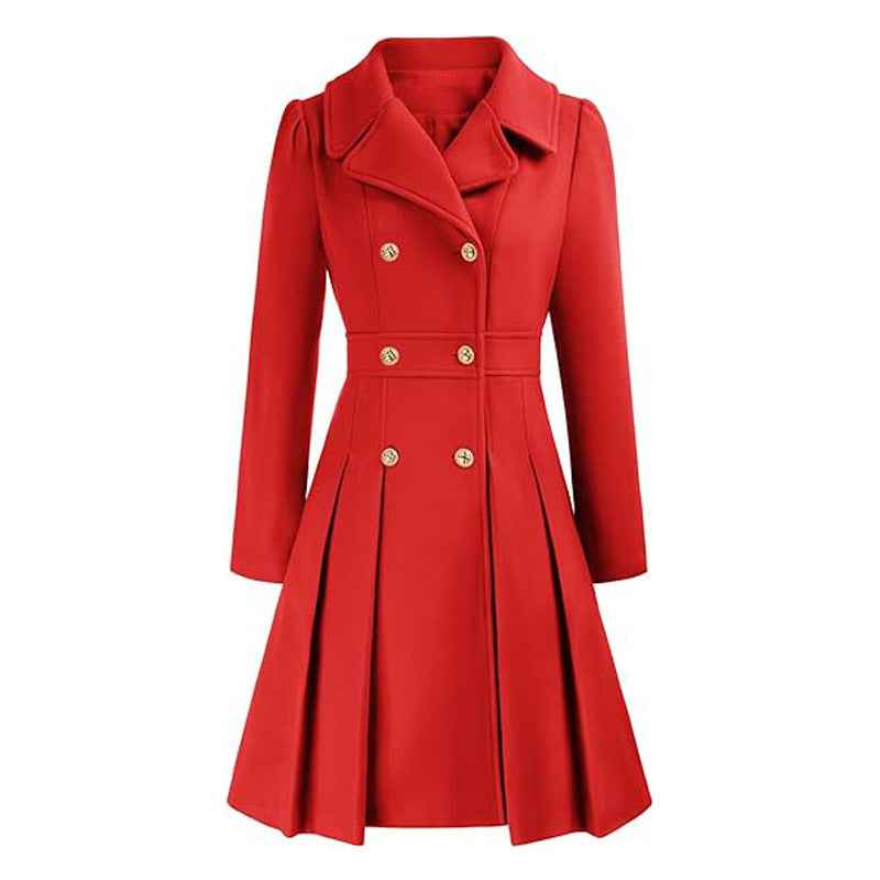 Zélie | Manteau Croisé Femme Cintré et Évasé à Plis, Toucher Laine - Rouge