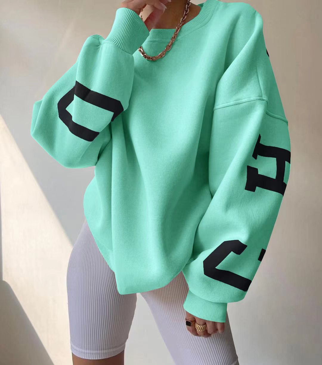 Zoé | Sweat Oversize Femme Intérieur Molletonné à Imprimé Lettres sur les Manches - Vert menthe