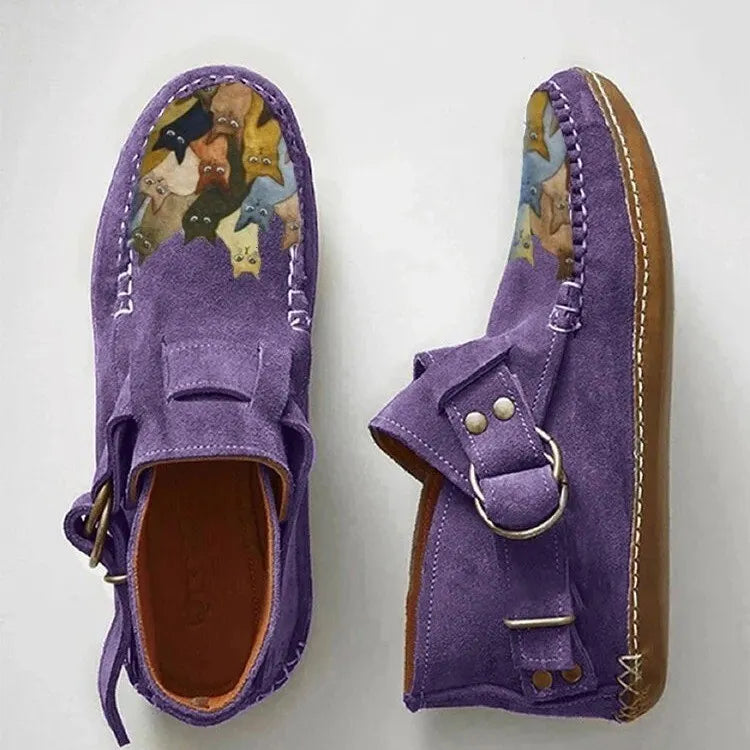 Mocassins femme imprimé chat à enfiler, bout rond et talon bas
