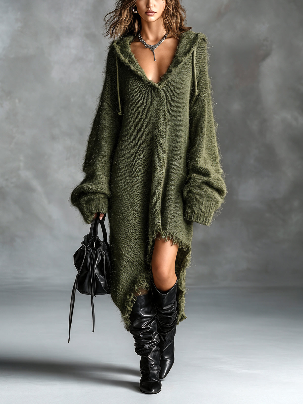 Ines Paris | Robe pull midi femme maille peluche à capuche oversize