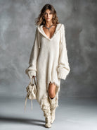 Ines Paris | Robe pull midi femme maille peluche à capuche oversize