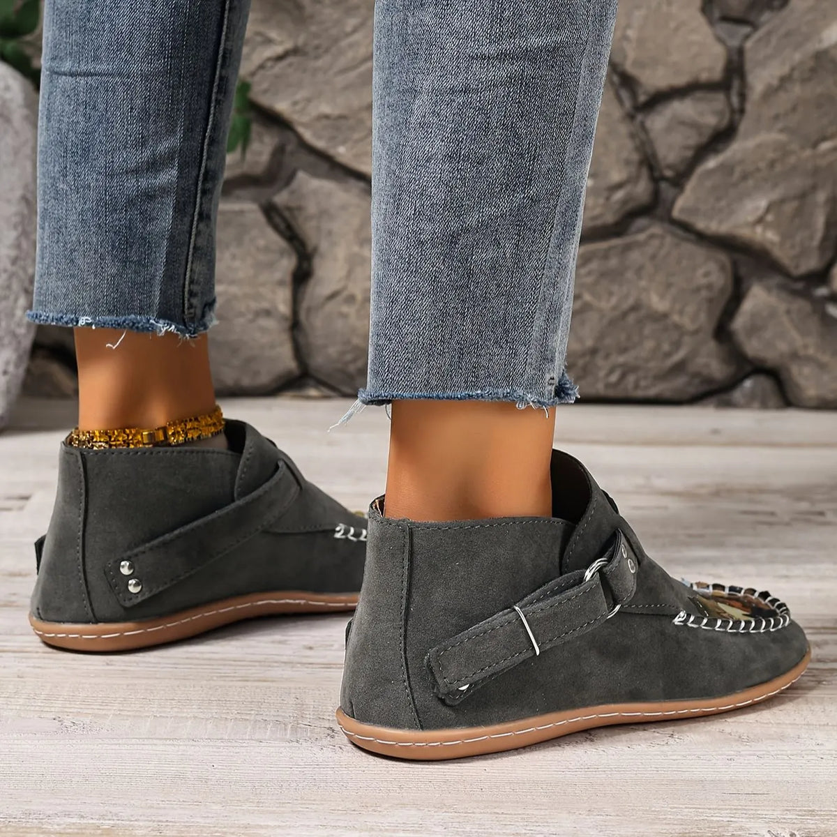 Mocassins femme imprimé chat à enfiler, bout rond et talon bas