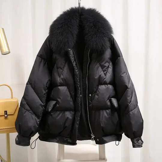 Doudoune oversize femme, col effet fourrure amovible