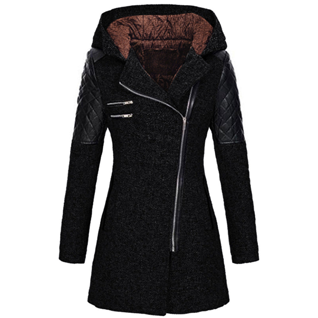 Ines Paris | Manteau d'hiver femme à capuche, zip asymétrique et empiècements effet cuir