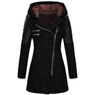 Ines Paris | Manteau d'hiver femme à capuche, zip asymétrique et empiècements effet cuir