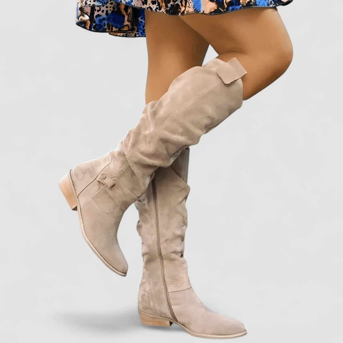 Bottes hautes femme effet daim petit talon zip