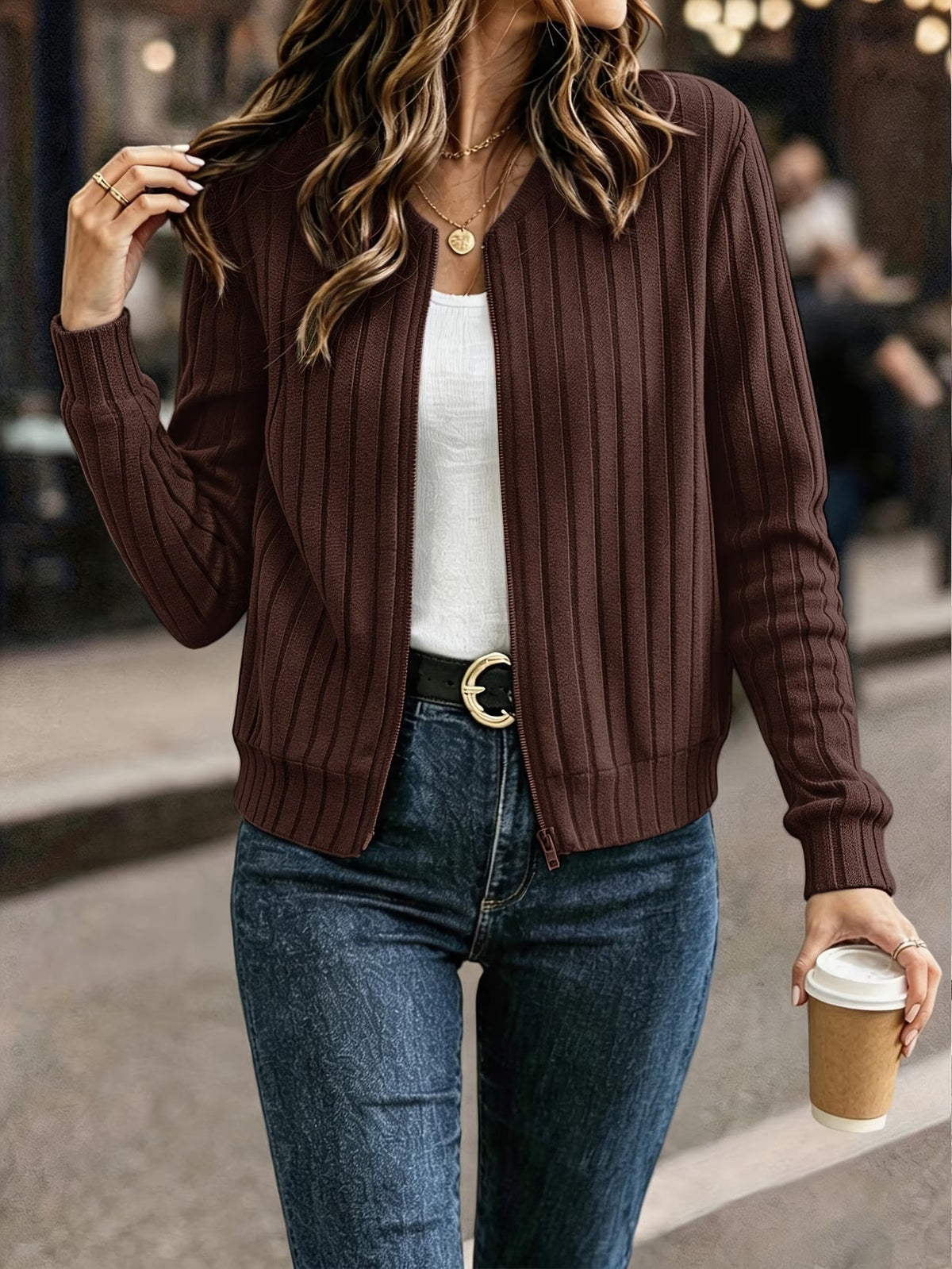 Gilet femme côtelé zippé, maille à manches longues