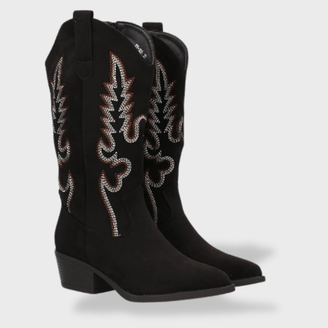 Ines Paris | Bottes Cowboy Femme Brodées Effet Daim Talon Bas