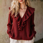 Ines Paris | Top Femme Maille Gaufrée Col V – Ourlet à Volants