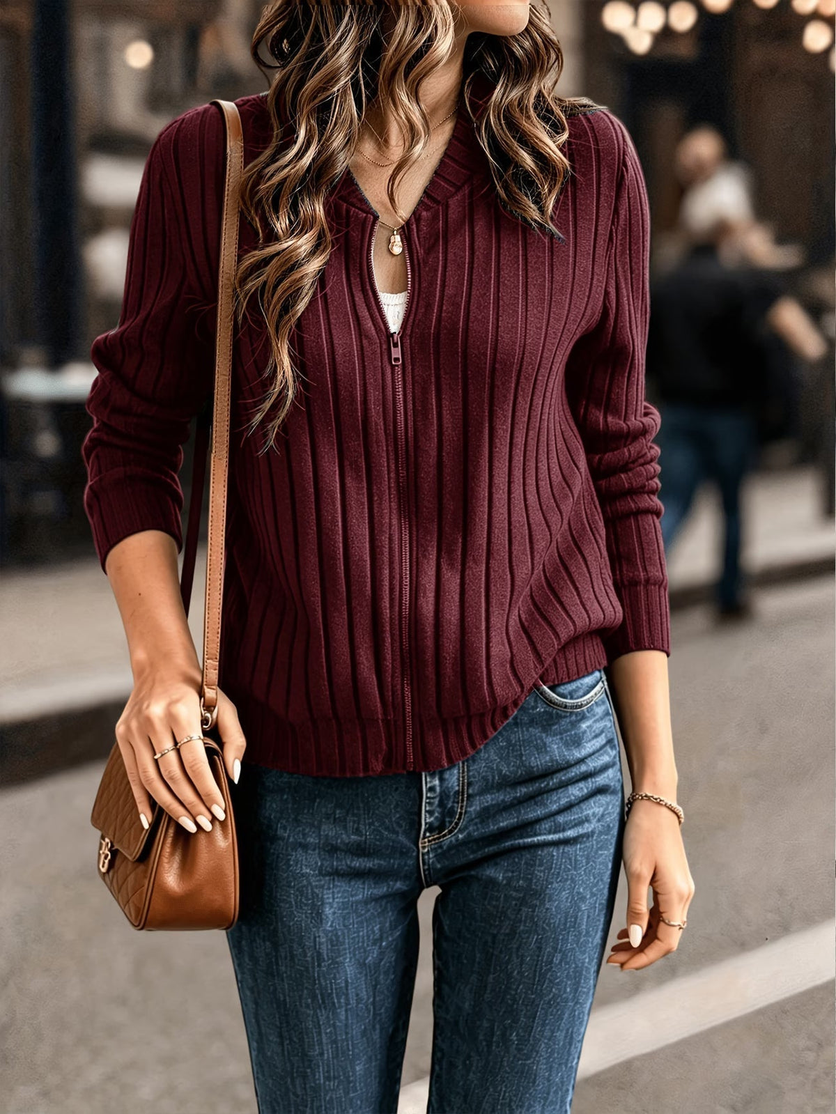 Gilet femme côtelé zippé, maille à manches longues