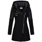 Ines Paris | Manteau d'hiver femme à capuche, zip asymétrique et empiècements effet cuir