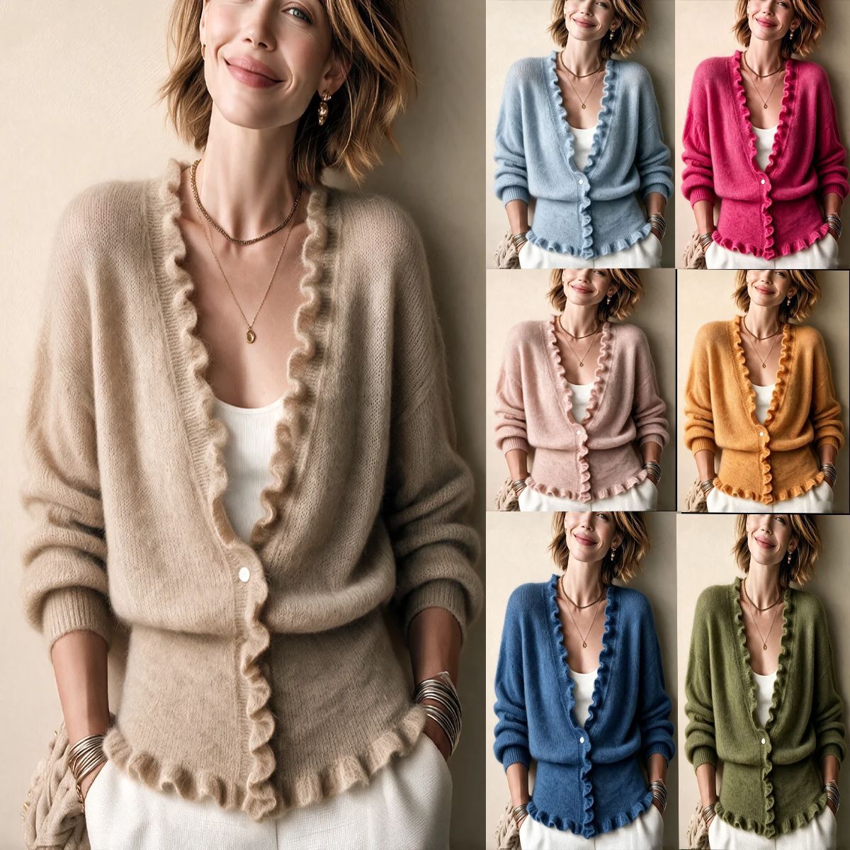 Ines Paris | Cardigan Femme Col V Boutonné – Ourlet à Volants