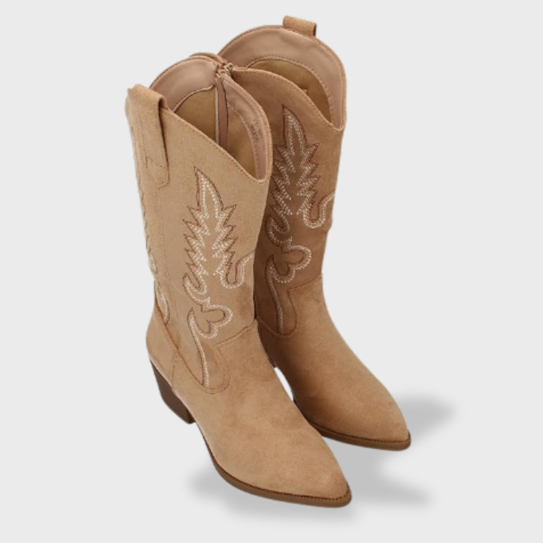 Ines Paris | Bottes Cowboy Femme Brodées Effet Daim Talon Bas