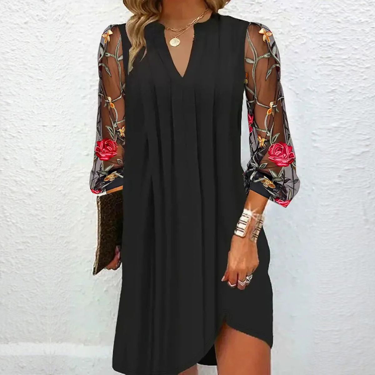 Ines Paris | Robe Noire Élégante Femme Manches en Tulle Brodé