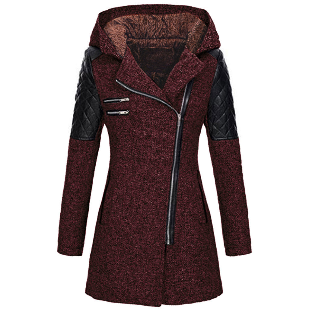 Ines Paris | Manteau d'hiver femme à capuche, zip asymétrique et empiècements effet cuir