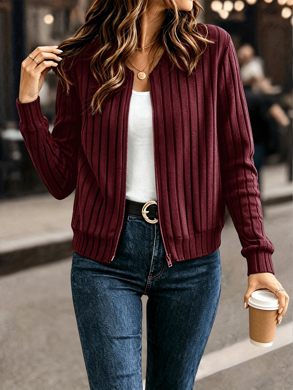 Gilet femme côtelé zippé, maille à manches longues