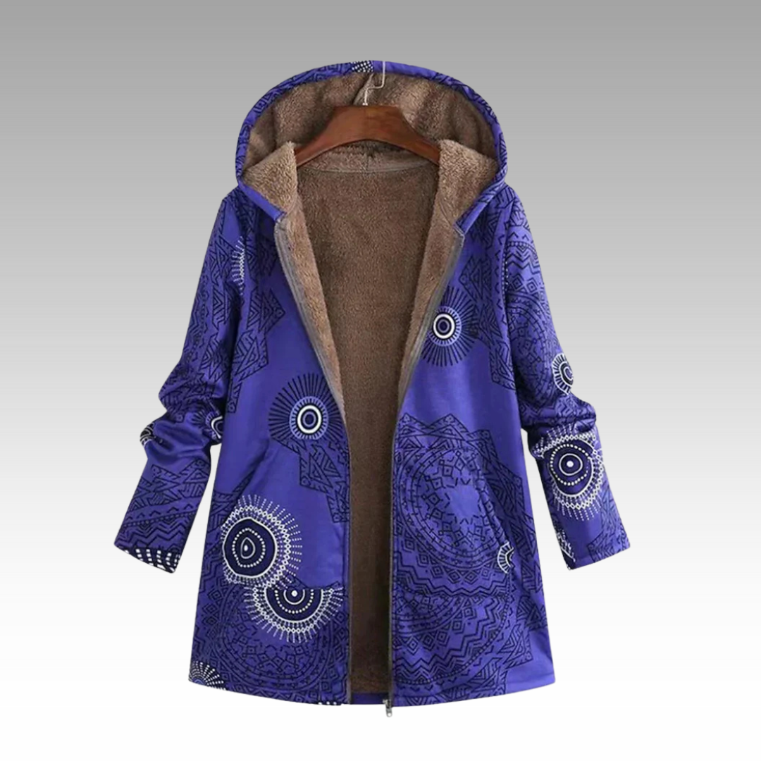 Ines Paris | Veste longue femme imprimé bohème, capuche doublée peluche