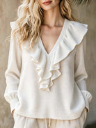 Ines Paris | Top Femme Maille Gaufrée Col V – Ourlet à Volants