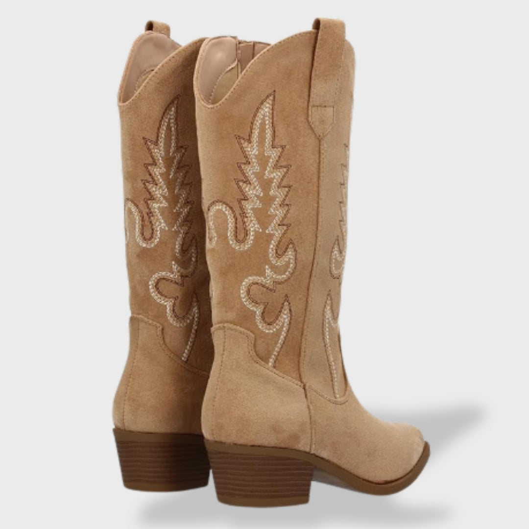 Ines Paris | Bottes Cowboy Femme Brodées Effet Daim Talon Bas