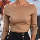 Ines Paris | Pull Femme Épaules Dénudées – Maille Extensible Camel