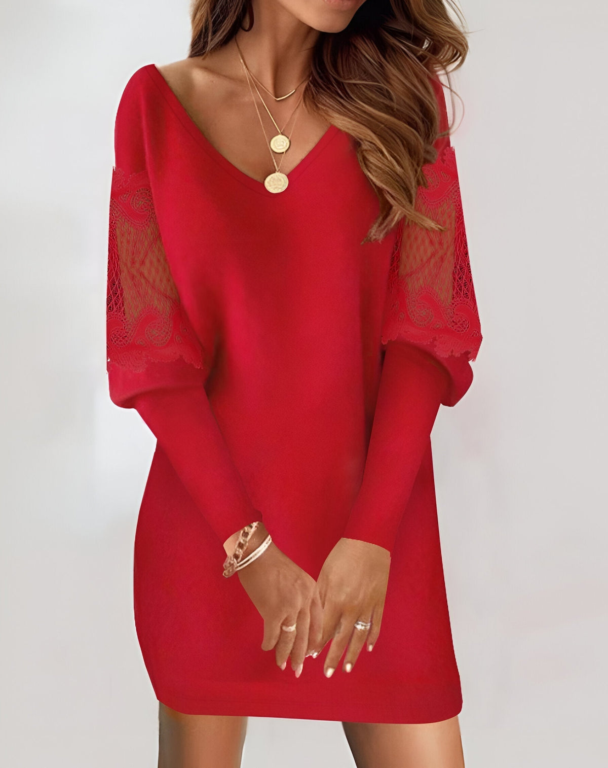 Ines Paris | Robe Manches Longues Femme Col V et Dentelle