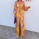 Ines Paris | Robe longue fleurie femme épaules dénudées manches ballon