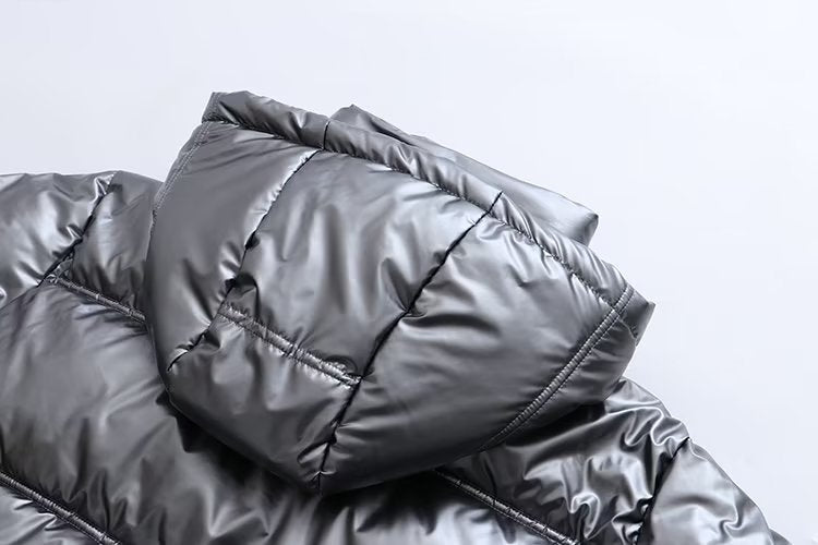 Doudoune brillante femme matelassée, capuche à cordon