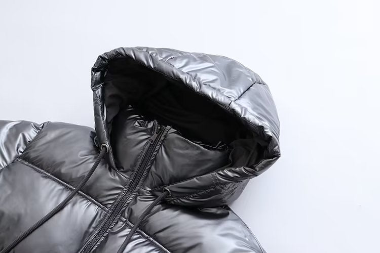 Doudoune brillante femme matelassée, capuche à cordon