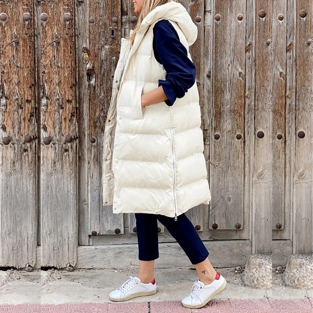 Doudoune sans manches longue femme à capuche, oversize