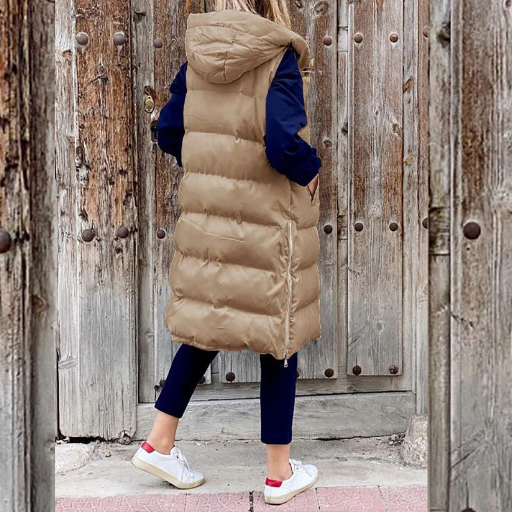 Doudoune sans manches longue femme à capuche, oversize
