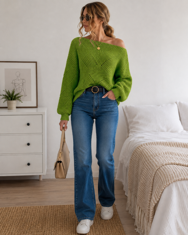Ines Paris | Pull en Maille Ajourée Femme – Col Asymétrique Épaule Dénudée