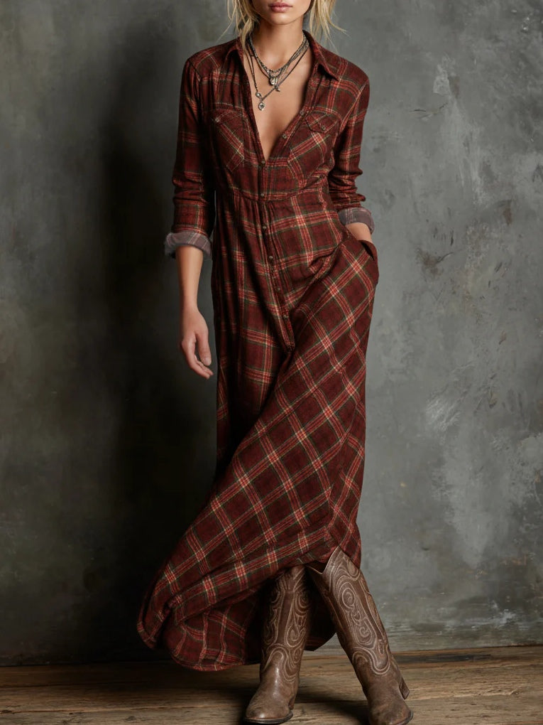 Robe chemise longue femme à carreaux, satinée et boutonnée